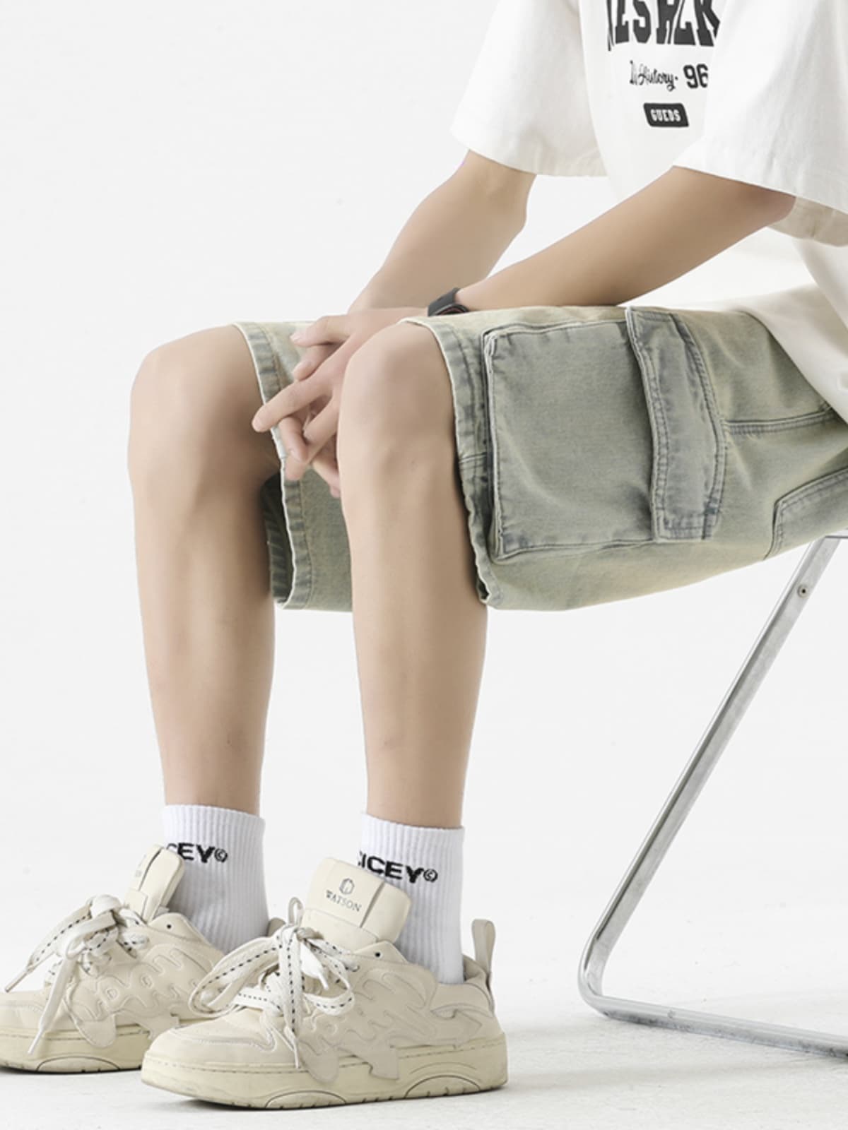デニムパンツメンズ カーゴ ゆったりウォッシュ加工デニムカーゴハーフパンツ