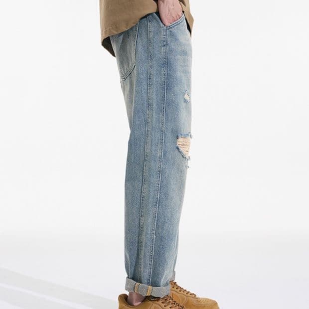 デニムパンツメンズ ヴィンテージ風クラッシュストレートデニム