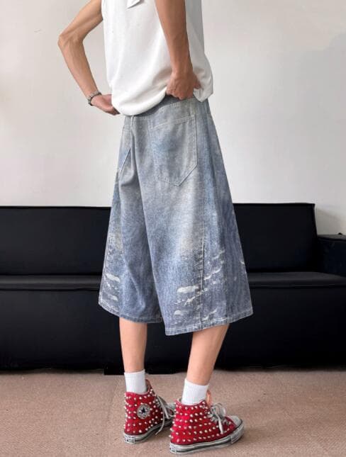 メンズデニムパンツ メンズデニムワイドハーフパンツダメージ加工