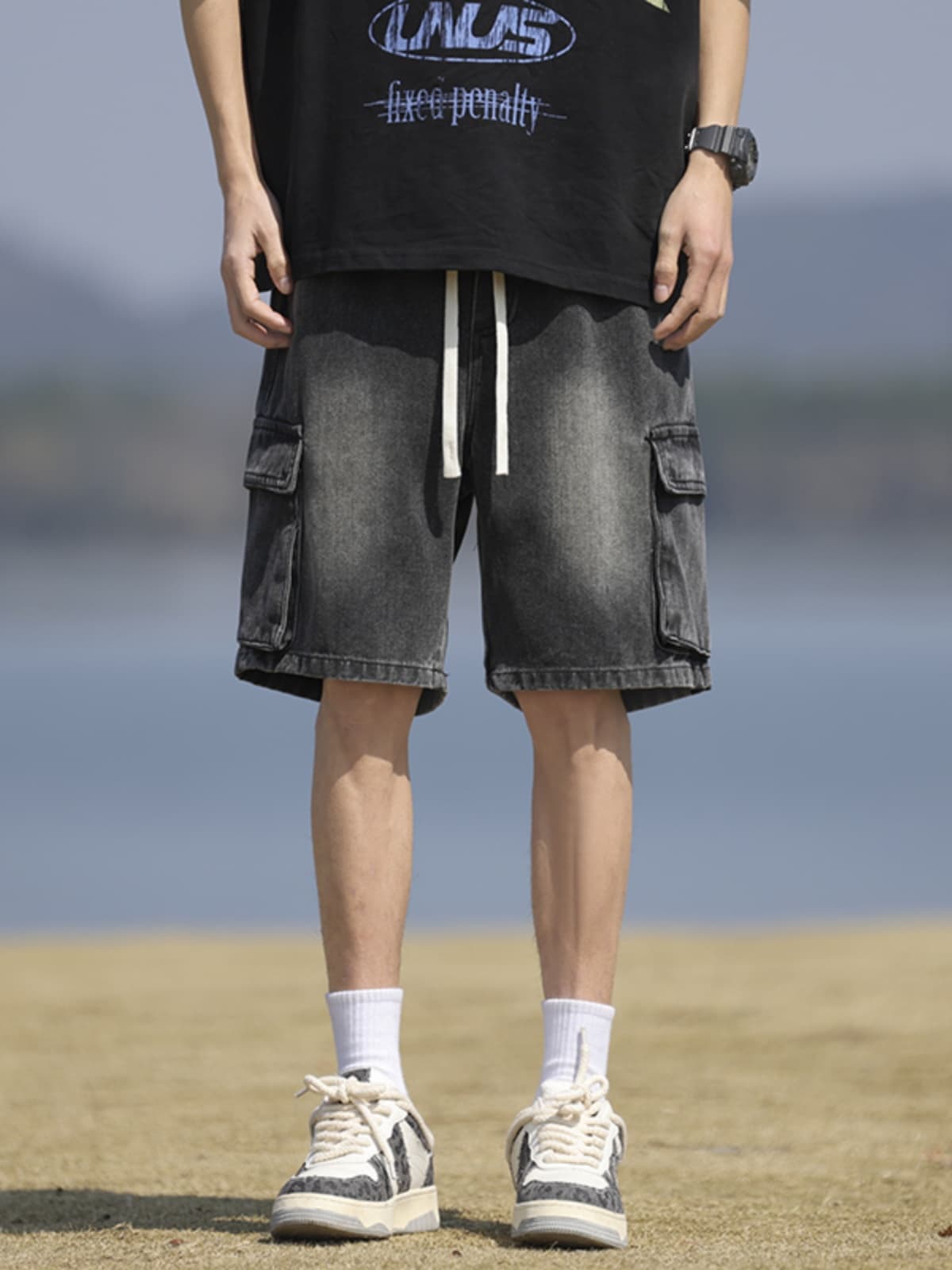 デニムパンツメンズ カーゴ ストリートカーゴデニムハーフパンツ