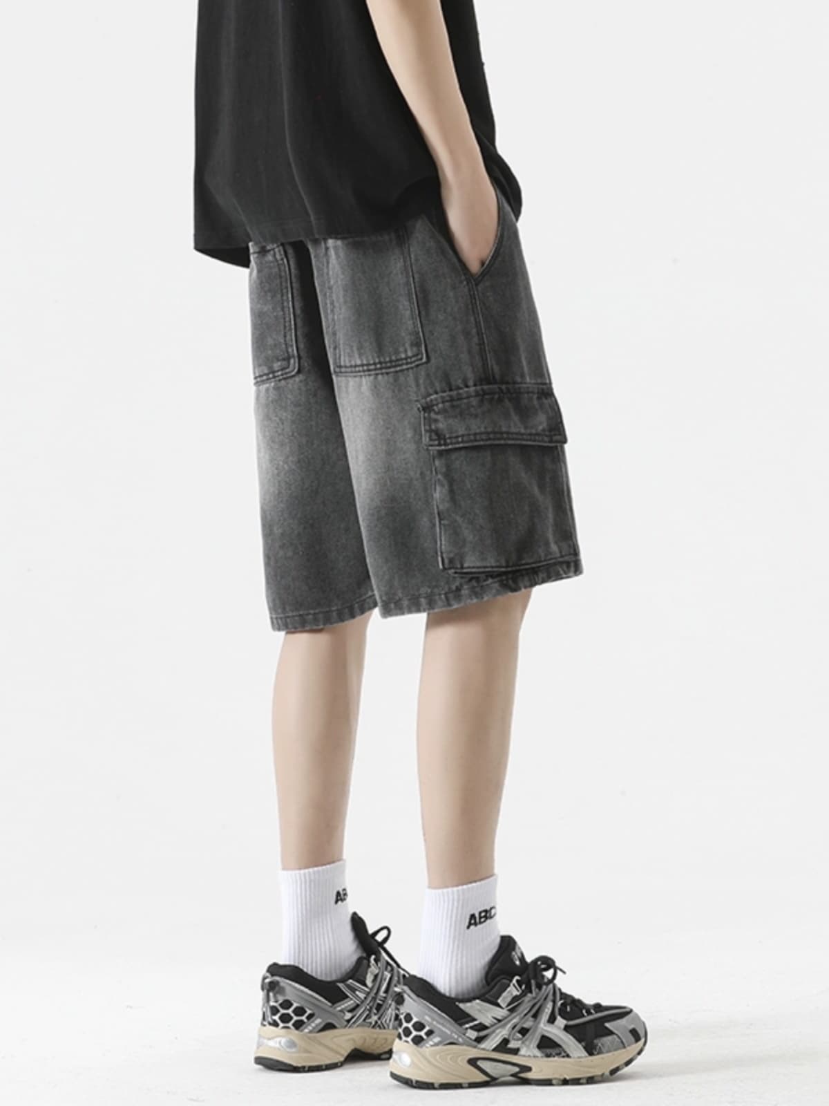 デニムパンツメンズ カーゴ ゆったりウォッシュ加工デニムカーゴハーフパンツ