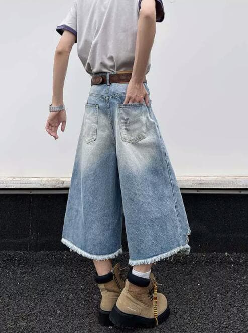 メンズデニムパンツ メンズデニムワイドハーフパンツダメージ加工