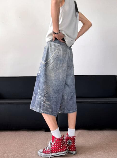 メンズデニムパンツ メンズデニムワイドハーフパンツダメージ加工