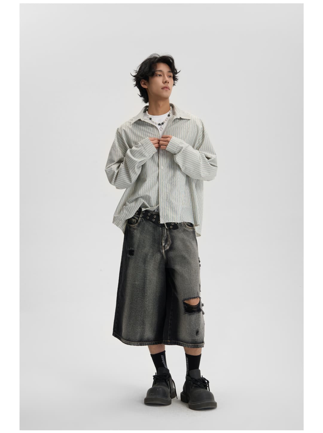 デニムパンツメンズ ワイドシルエット破れ加工デニム