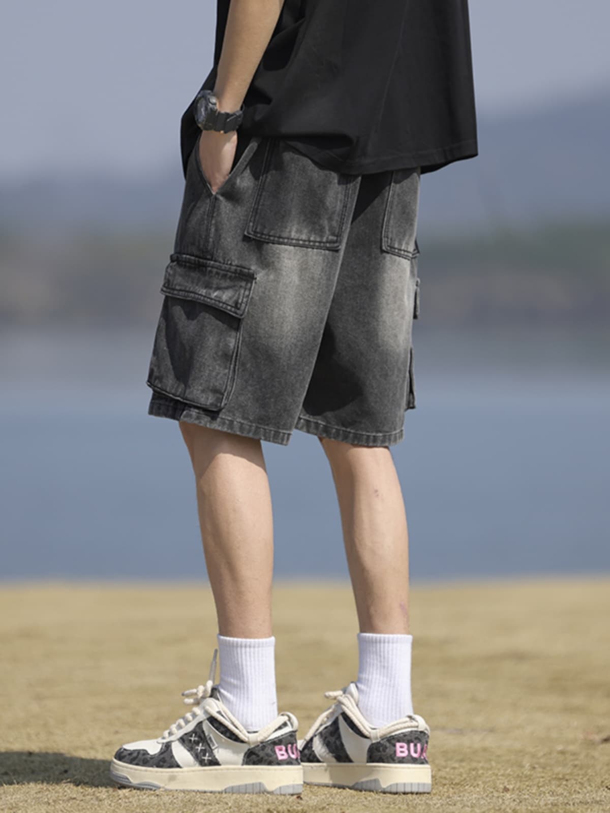 デニムパンツメンズ カーゴ ストリートカーゴデニムハーフパンツ
