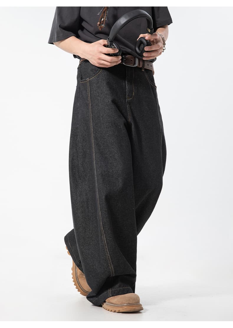 メンズデニムパンツ メンズ ヴィンテージ風ワイドデニムパンツ ゴム仕様