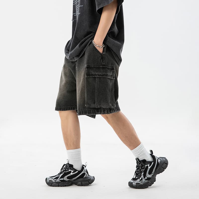 デニムパンツメンズ カーゴ ゆったりデニムカーゴハーフパンツ