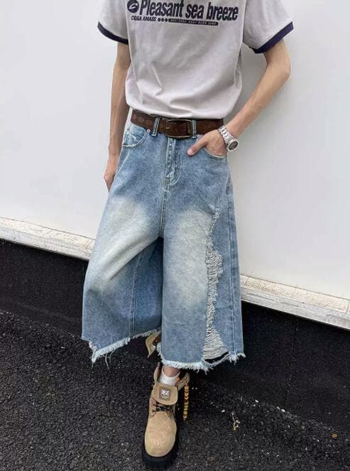 メンズデニムパンツ メンズデニムワイドハーフパンツダメージ加工