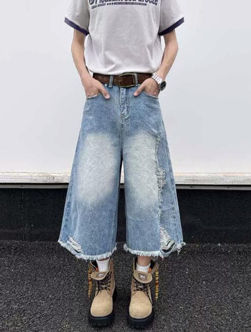 メンズデニムパンツ メンズデニムワイドハーフパンツダメージ加工
