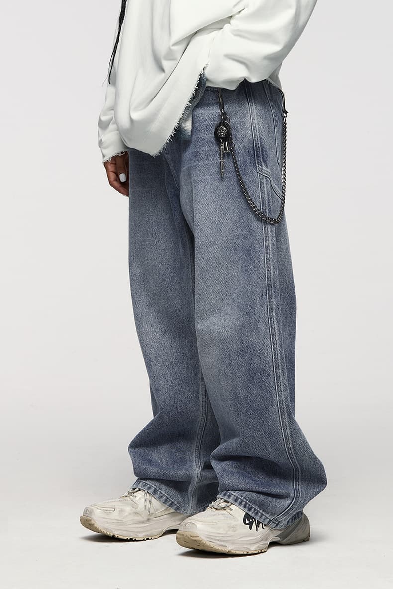 メンズデニムパンツ メンズ立体裁断ウォッシュデニムパンツワイドストレート