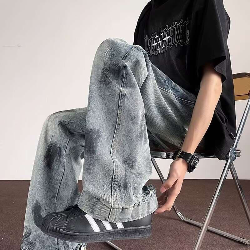 デニムパンツメンズ 韓国系ダメージ加工ワイドデニムパンツ