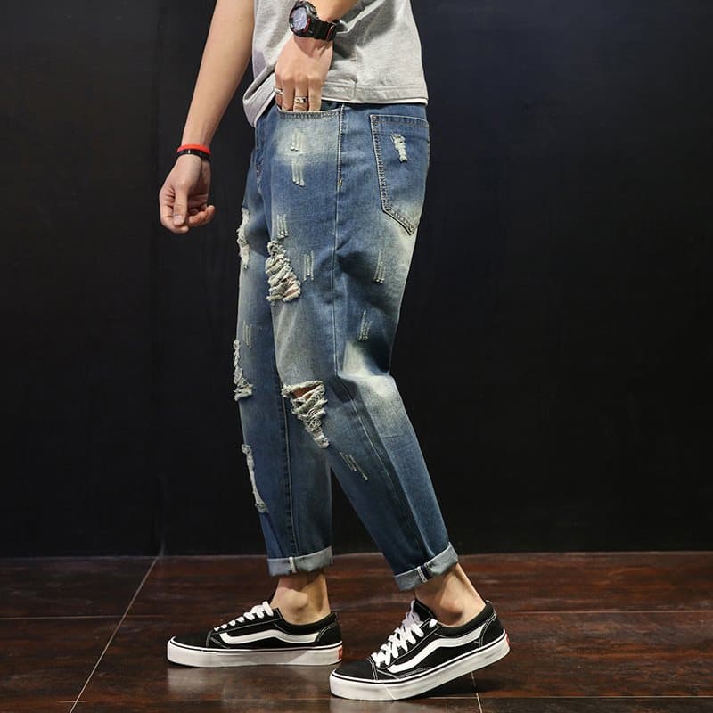 デニムパンツメンズ 破れ加工デニムパンツ メンズストレート