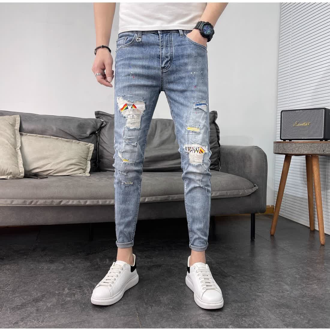 デニムパンツメンズ クラッシュ加工ダメージデニム 古着風スキニーパンツ