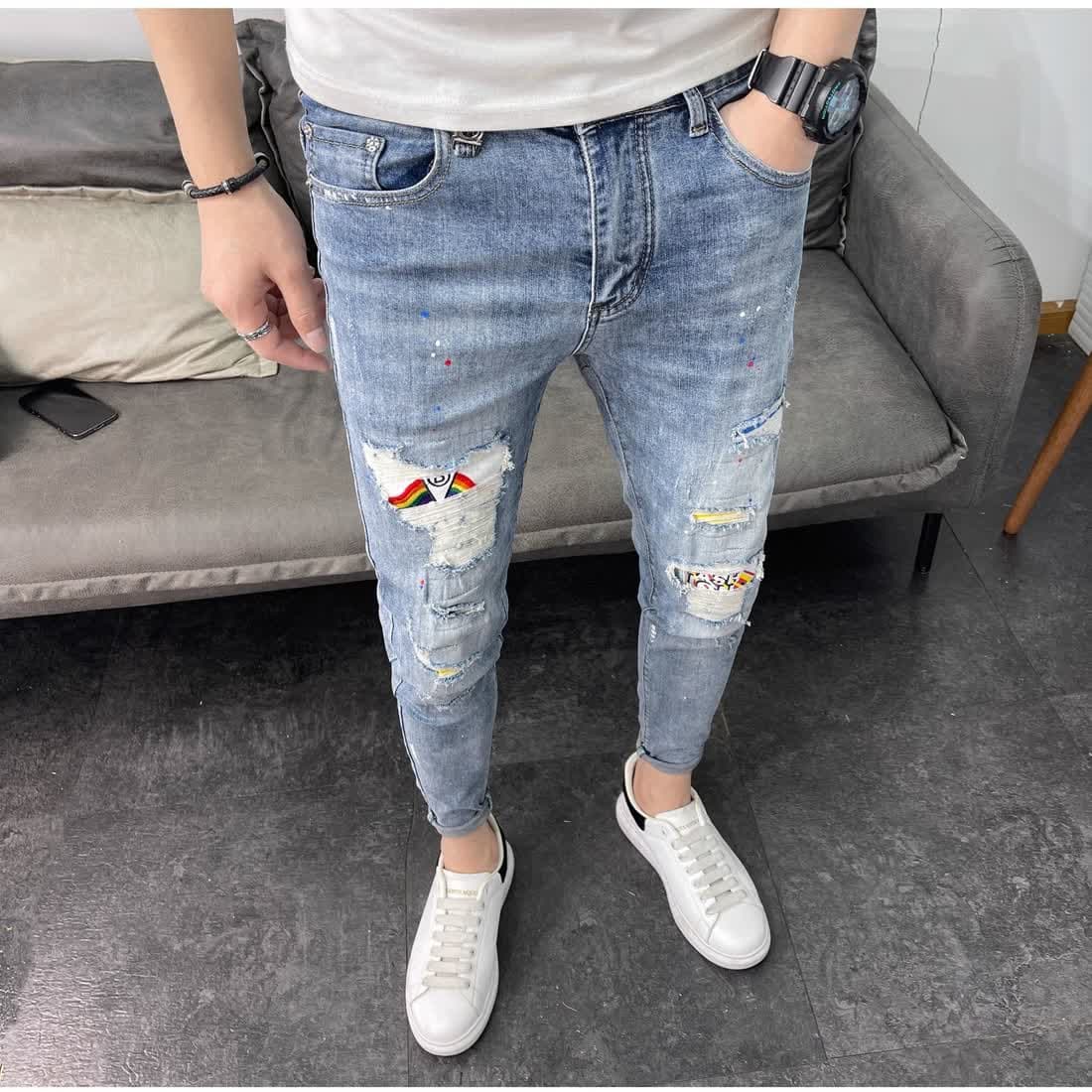 デニムパンツメンズ クラッシュ加工ダメージデニム 古着風スキニーパンツ