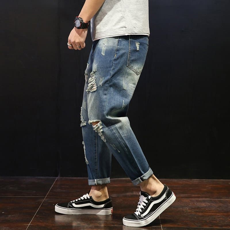デニムパンツメンズ 破れ加工デニムパンツ メンズストレート