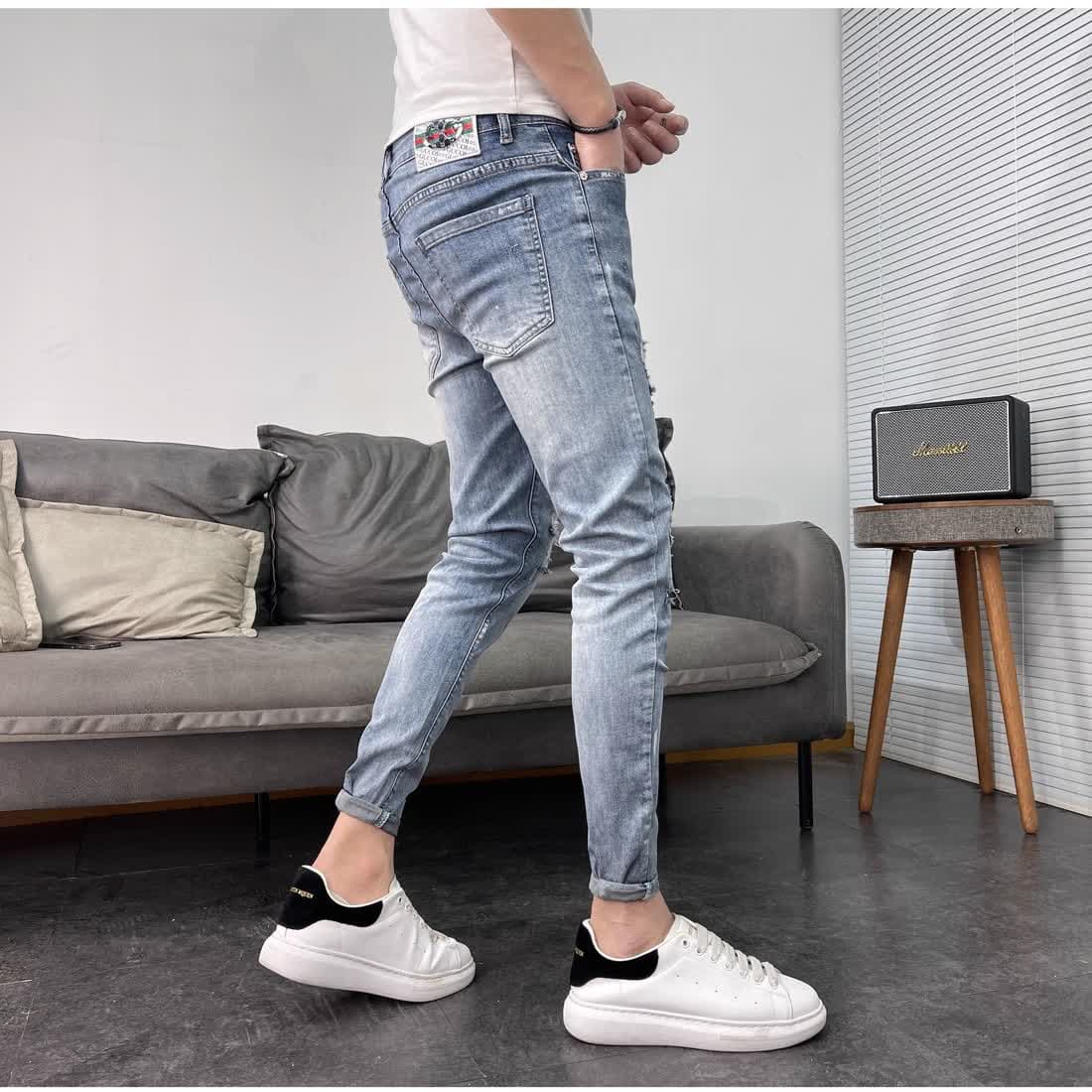 デニムパンツメンズ クラッシュ加工ダメージデニム 古着風スキニーパンツ