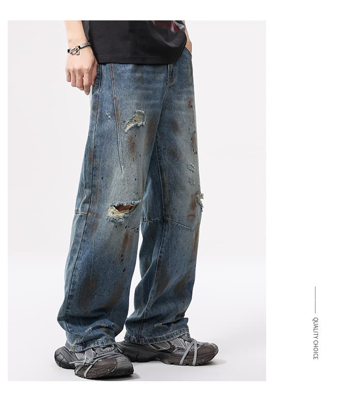 デニムパンツメンズ 破れ加工ワイド型ゆったりデニムパンツ男性用