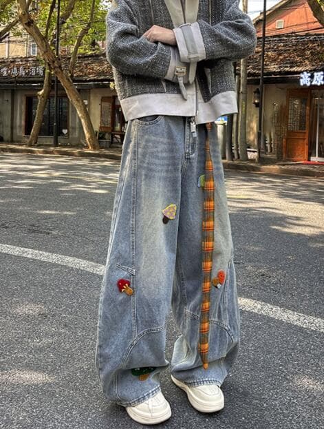 メンズデニムパンツ メンズ デニム ワイドパンツ ワッペン付き ゆったりシルエット