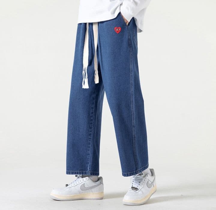 デニムパンツメンズ ワイド ハートワッペン付き紐結びワイドデニム