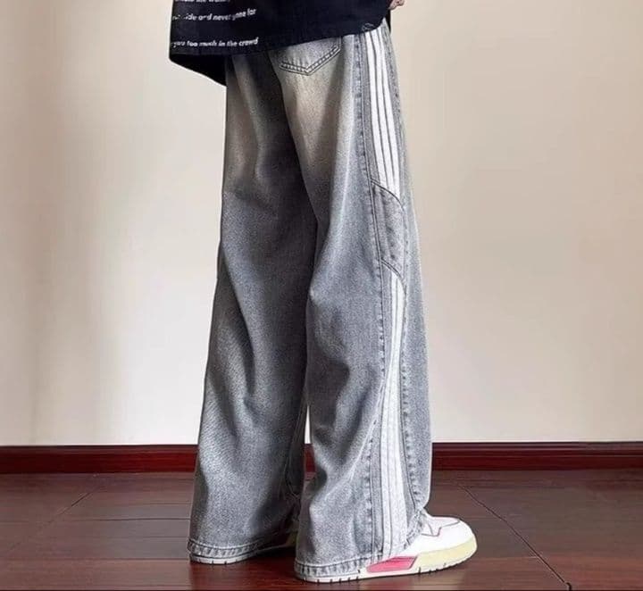 デニムパンツメンズ バギー ゆったりシルエットライン入りバギーデニム