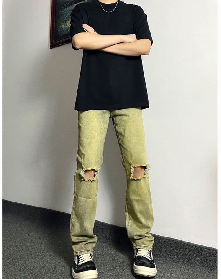 デニムパンツメンズ ダメージ 膝破れストレートデニムパンツ
