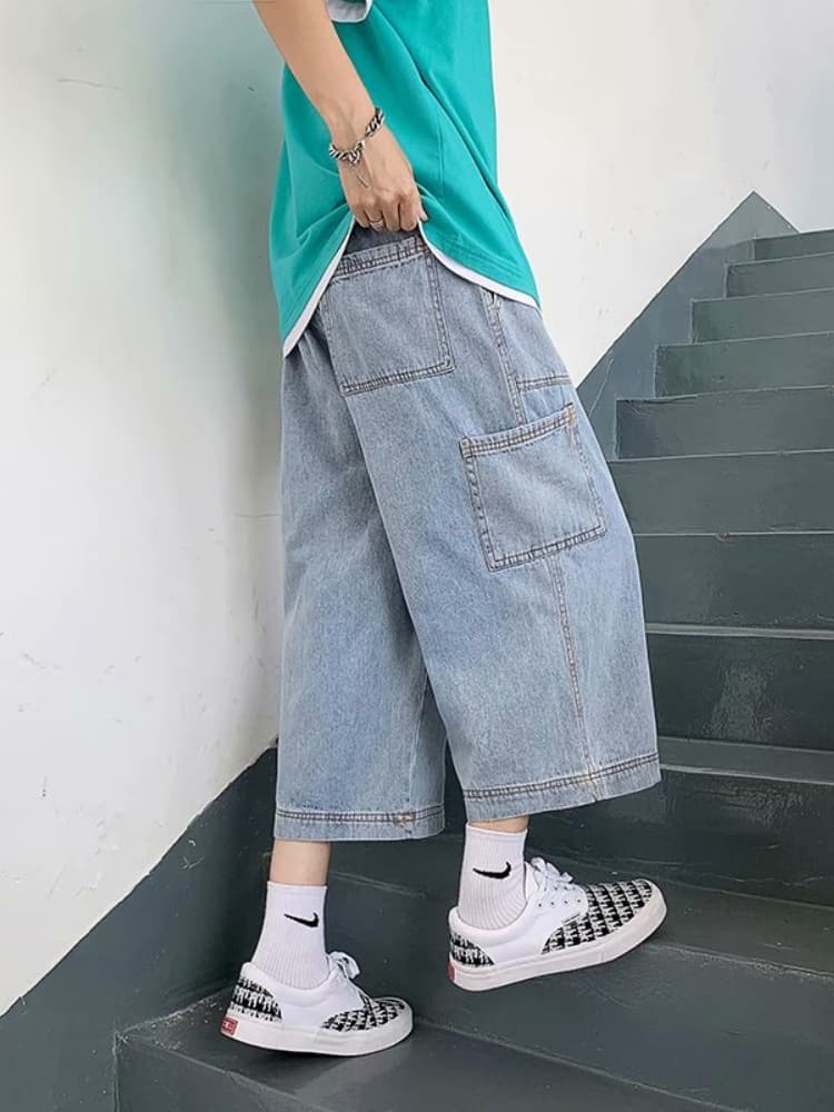 デニムパンツメンズ カーゴ ゆったりワイドデニムカーゴパンツ