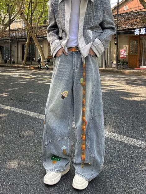 メンズデニムパンツ メンズ デニム ワイドパンツ ワッペン付き ゆったりシルエット