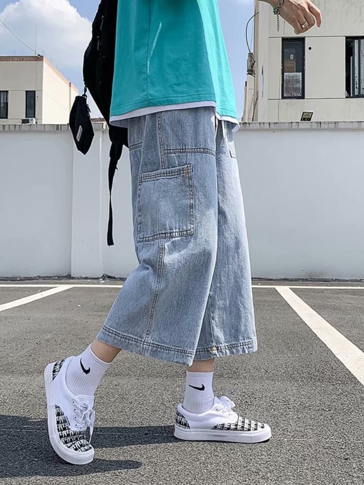 デニムパンツメンズ カーゴ ゆったりワイドデニムカーゴパンツ