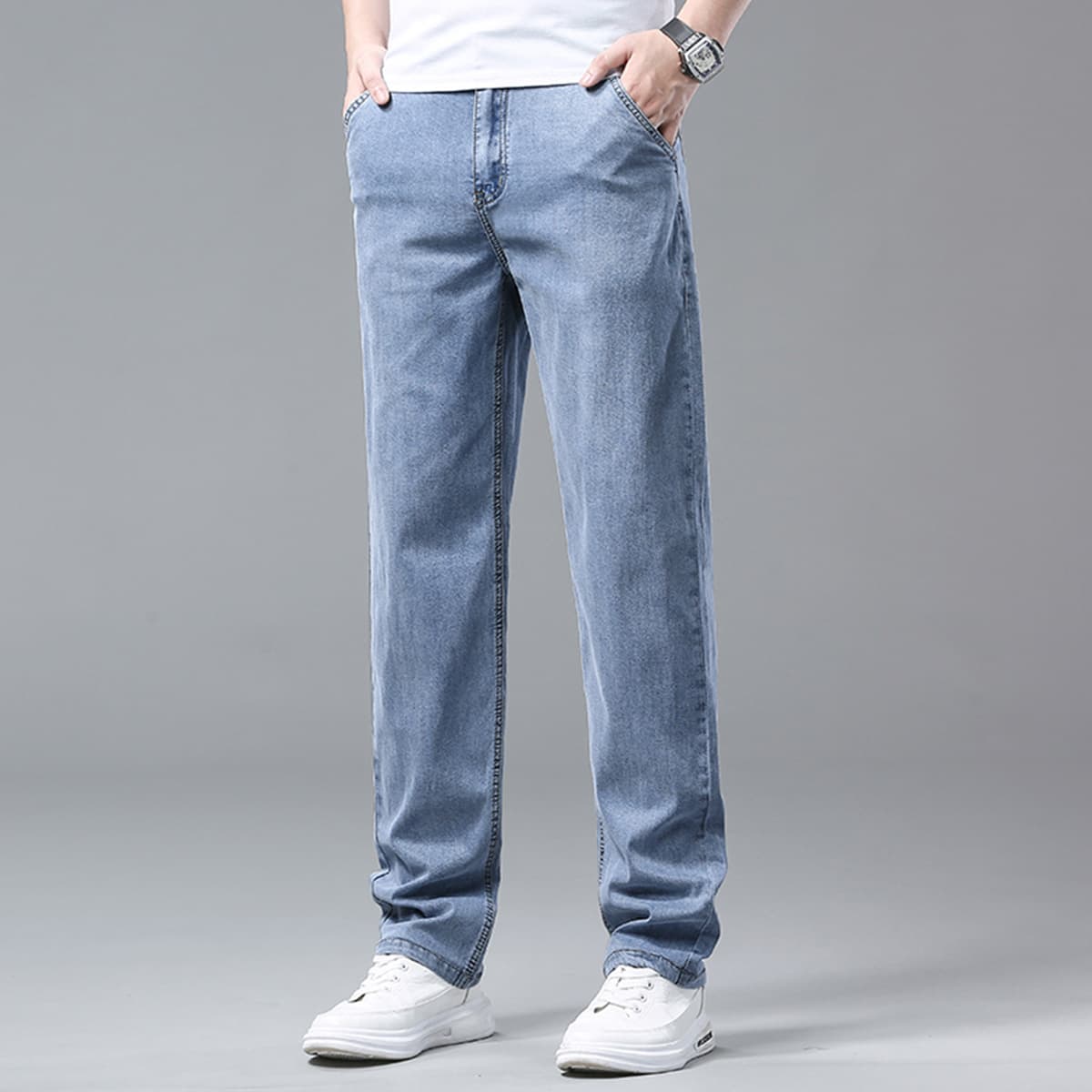 デニムパンツメンズ 快適ストレッチ加工ストレートデニムパンツ