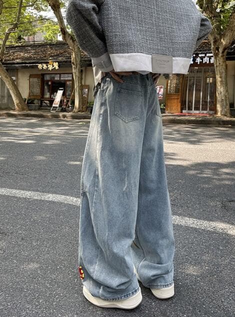 メンズデニムパンツ メンズ デニム ワイドパンツ ワッペン付き ゆったりシルエット