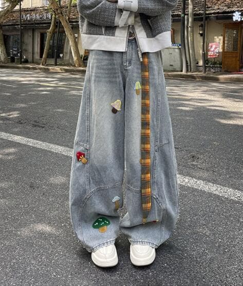 メンズデニムパンツ メンズ デニム ワイドパンツ ワッペン付き ゆったりシルエット