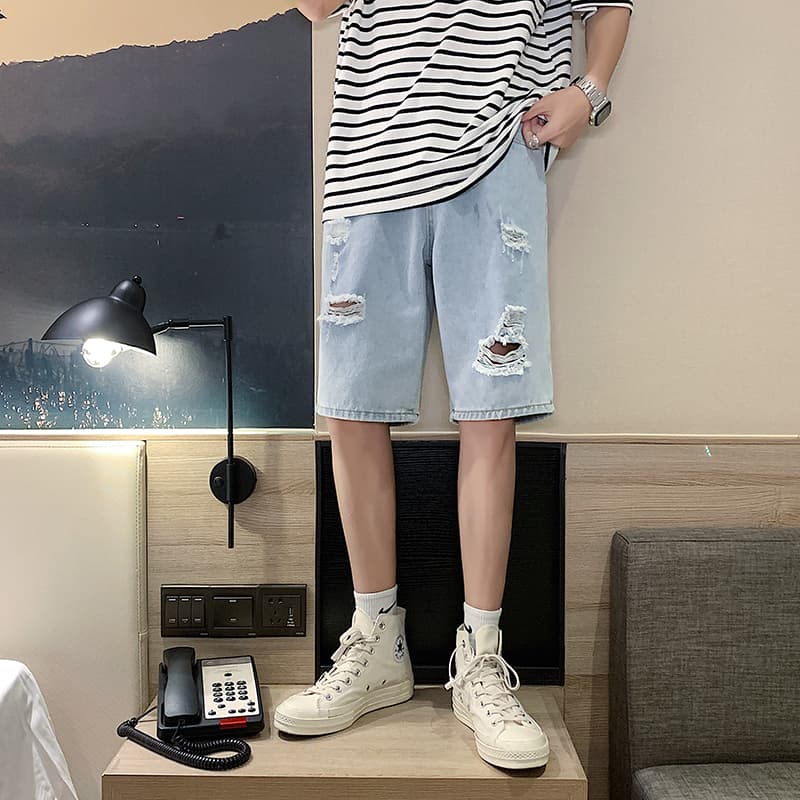デニムパンツメンズ ダメージ ヴィンテージ風クラッシュハーフデニム