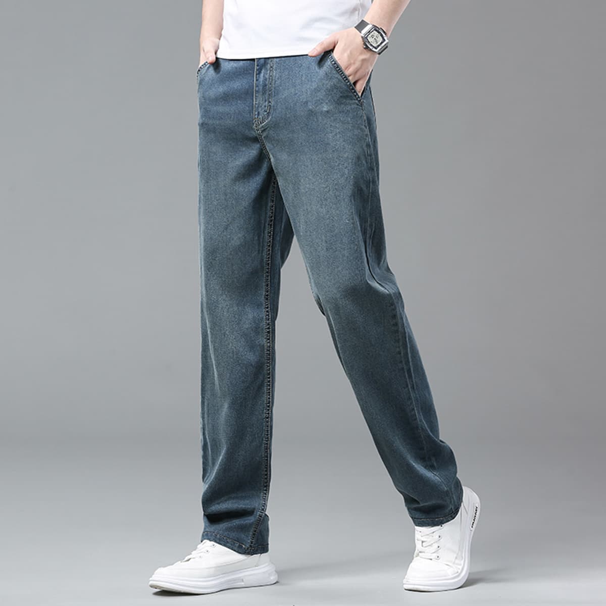 デニムパンツメンズ 快適ストレッチ加工ストレートデニムパンツ