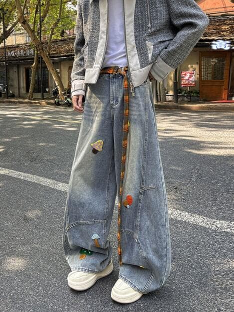 メンズデニムパンツ メンズ デニム ワイドパンツ ワッペン付き ゆったりシルエット