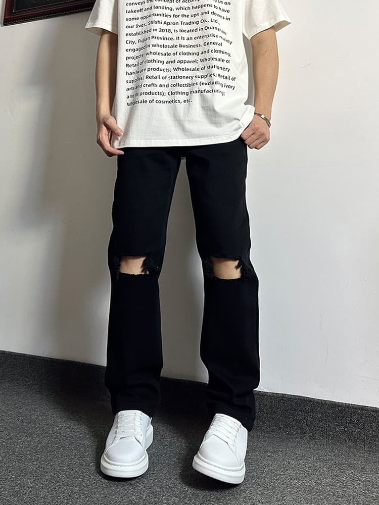 デニムパンツメンズ ダメージ 膝破れストレートデニムパンツ