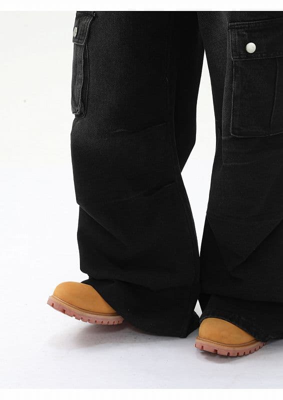 メンズデニムパンツ メンズ多機能ポケット付きワイドデニムパンツ