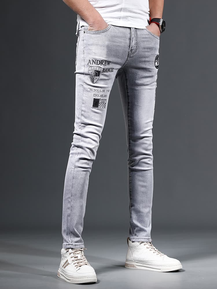 デニムパンツメンズ モード系プリント加工細身パンツ