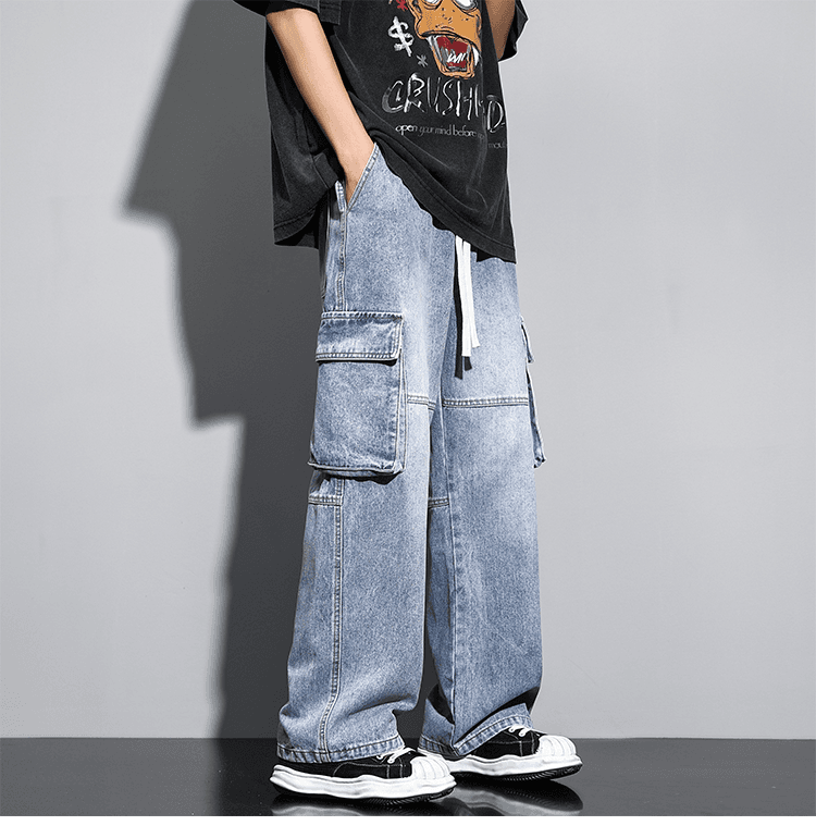 デニムパンツメンズ カーゴ ワイドシルエット実用ポケットデニム