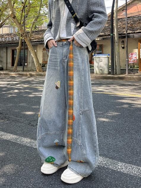 メンズデニムパンツ メンズ デニム ワイドパンツ ワッペン付き ゆったりシルエット