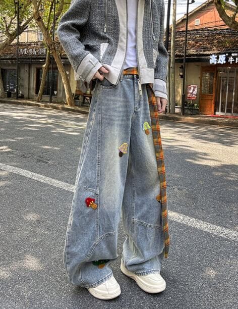 メンズデニムパンツ メンズ デニム ワイドパンツ ワッペン付き ゆったりシルエット