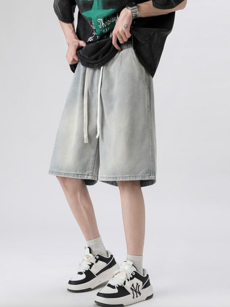 デニムパンツメンズ ワイド リラックスドローハーフパンツ