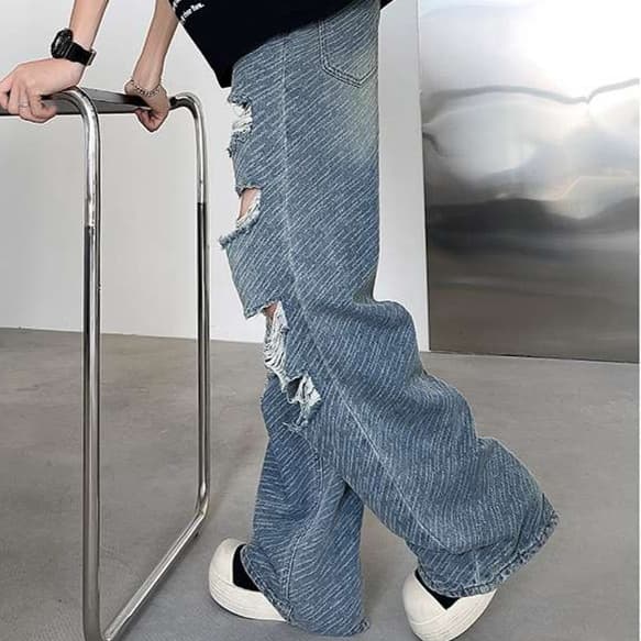 デニムパンツメンズ 韓国風大胆破れ加工超ワイドフレアデニムパンツ