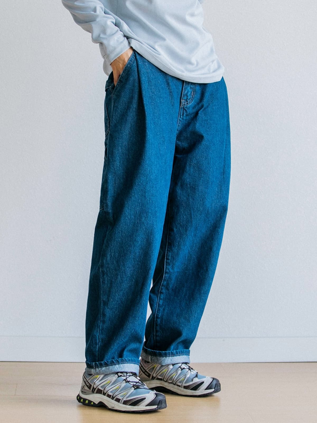 デニムパンツメンズ 男性用復刻ワーク風ゆったりワイドデニムパンツ